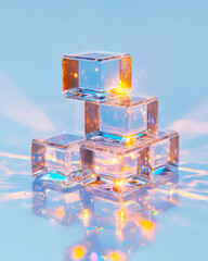 Fototapete - Cinematic perspective of stacked cubes on a reflective surface, each cube radiating a soft inner