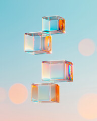 Poster - Cinematic perspective of stacked cubes on a reflective surface, each cube radiating a soft inner