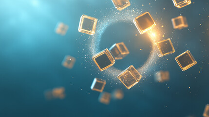 Poster - Abstract arrangement of cubes rotating in a circular pattern, accentuated by a halo of gleaming