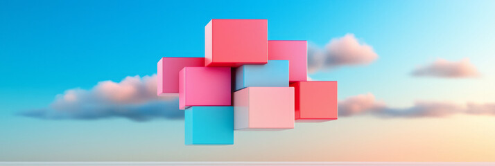 Poster - Bold geometric composition of variously sized pink and sky-blue cubes converging, surrounded by