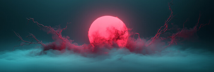 Aufkleber - Mesmerizing glowing sphere formed by entwined green vines and red vapor, backlit by a soft ambient