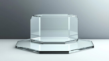 Poster - 3D pentagon and hexagon glass platforms set isolated on transparent background. Vector realistic illustration of plastic podium for exhibition, product presentation stand, stage mockup, glossy box