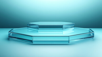 Poster - 3D pentagon and hexagon glass platforms set isolated on transparent background. Vector realistic illustration of plastic podium for exhibition, product presentation stand, stage mockup, glossy box