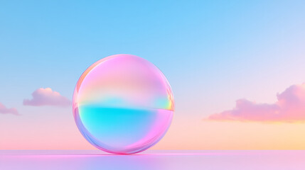Poster - Surreal floating orb with a glossy surface reflecting pastel pink and cool blue gradients under a
