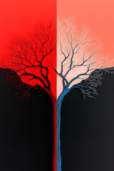 Aufkleber - Abstract lines branching out like lightning, half in vivid red and half in icy blue, converging at