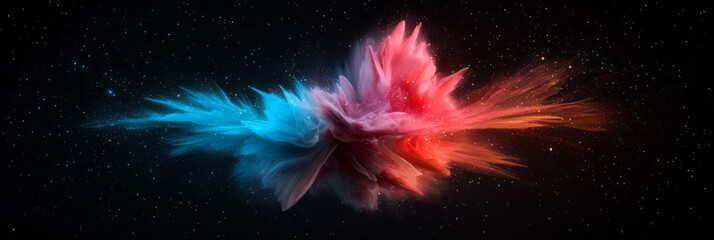 Poster - Crystalline shards in bold reds and blues exploding outward with trailing, glowing traces against a