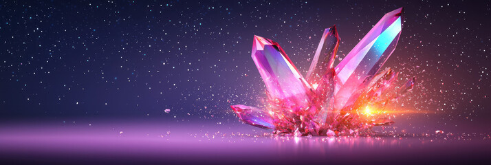 Poster - Crystalline shards in bold reds and blues exploding outward with trailing, glowing traces against a