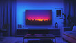 © Qaqas - Wide lcd tv screen hanging on wall in living room at night. Modern house interior with flat plasma television set, stand and table. Vector realistic illustration of blank glowing screen in dark room
