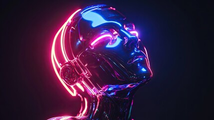 3D render of a robot or artificial human made from iridescent plastic material, lit with neon light