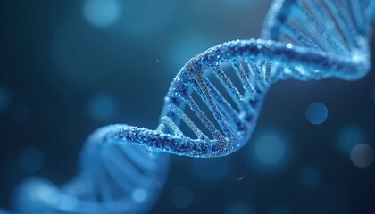 Poster - Close-up of blue DNA double helix structure shimmering on blurred background. Symbolizing genetics, biological research, genetic engineering, biotech innovations, medical breakthroughs, science.
