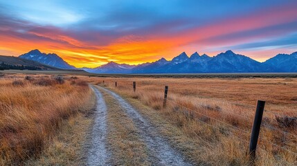 Poster - Dirt road winding through a scenic landscape with a mountain range in the background under a blue sky
