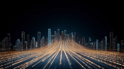 Poster - Dynamic Light Trails Over a Futuristic Cityscape at Night with Skyscrapers