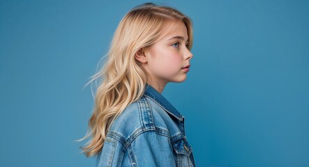 Wall Mural - Blonde girl in plain blue background wearing a green sweater young teen side view portrait