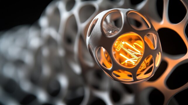 Glowing bulb in white organic structure, dark background; futuristic design concept