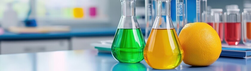 Poster - Row of test tubes filled with vibrant colored liquids in a laboratory setting for scientific research