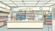 © Nari - Post office interior stuff, furniture reception desk with computer and schedule, clock, parcels on shelves and scales, mail box and litter bin. Delivery service postage cartoon vector illustration set