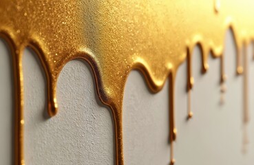 Poster - Close-up of textured canvas with dripping metallic gold paint. Abstract flow of liquid golden color for decoration, wallpaper or modern artwork. Macro shot with glitter.