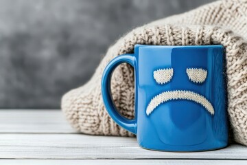 Poster - Blue mug with a sad face design isolated on a white background for emotions and expressions concept