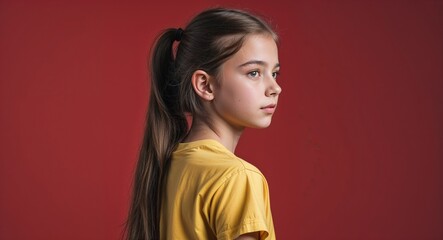 Wall Mural - Caucasian girl in plain red background wearing a yellow t shirt young teen side view portrait