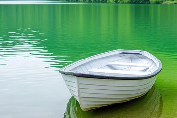 Poster - Boat on lake  Single boat waiting on calm, green waters of lake