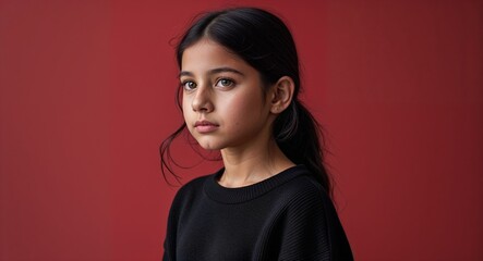 Wall Mural - Hispanic girl in plain red background wearing a white blouse young teen side view portrait