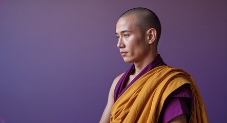 Wall Mural - Monk on plain purple background side view portrait