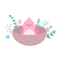 Wall Mural - Pink newborn chick sitting in a nest.