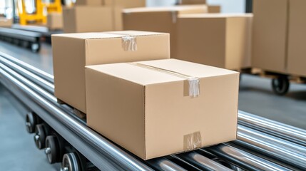Fototapete - Boxes on a conveyor belt in a warehouse during the packaging and distribution process