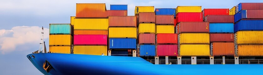 Poster - Large container ship with colorful containers stacked high in a busy shipping harbor