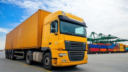 Poster - cargo ship and truck at seaport waiting for container dock crane shipment harbor loading container import and export commercial trade business logistic and transportation internati