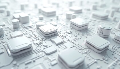 Poster - White cyber tech abstract background. Circuit board style tech texture, digital geometric design elements. Network connection concept, futuristic computer cyberspace communication graphic.
