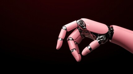 Poster - Realistic robotic hand in pink color with intricate joints against dark background