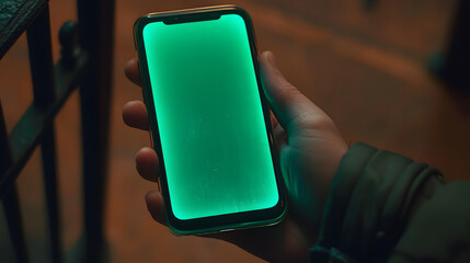 Poster - Closeup of a person s hand holding a smartphone with its screen illuminated in a bright vivid green color  The glowing luminescent display creates an abstract