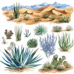 Canvas Print - A set of watercolor floral illustrations, depicting green grass on sandy soil, lush grass landscapes, and natural plants