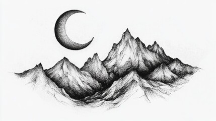 Canvas Print - Majestic Mountains and Crescent Moon - Pen and Ink Drawing