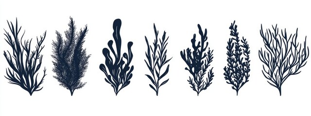 Wall Mural - Coral reefs and seaweed represent modern symbols of underwater flora. The naive style showcases hand-drawn leaves, algae, and fronds, image in a contemporary ink illustration. This aesthetic features