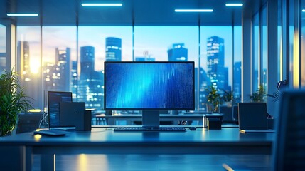 Poster - Sleek and Organized Digital Workspace with Modern Office Gadgets on a Desk in a Corporate Setting