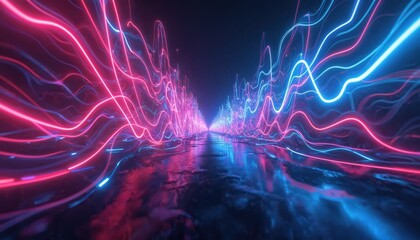 Poster - Hypnotic neon pink blue swirls and geometric shapes, creating abstract background with light trails. Futuristic tech design, glowing light paths, digital art in AR.
