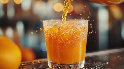 Pouring Orange Juice Into Glass with Ice