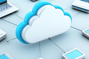 Poster - Cloud Computing A cloud icon connected to various devices like laptops, tablets, and servers through a network of lines, with clear space around the graphic for text