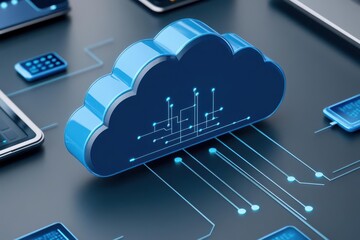 Aufkleber - Cloud Computing A cloud icon connected to various devices like laptops, tablets, and servers through a network of lines, with clear space around the graphic for text