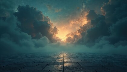 Poster - Abstract night sky background animation with dark cinematic clouds and glowing orange lights. Mystical digital artwork. Aethereal fantasy space with nebula and stars over horizon.