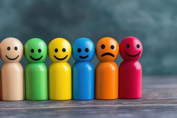 Poster - Row of colorful wooden toy figures with smiling faces arranged on a white background