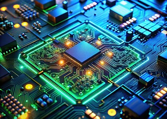Poster - Glowing High-Tech Circuit Board, Futuristic Electronics Technology Background