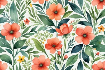 Wall Mural - a close up of a floral pattern with orange flowers and green leaves