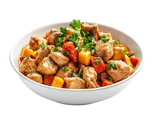 serving of slow cooked turkey stew with vegetables, featuring tender meat and colorful veggies, garnished with fresh herbs for hearty meal