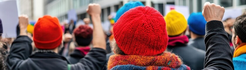 Wall Mural - Group of people wearing colorful hats and scarves outdoors in a festive setting during a sunny day