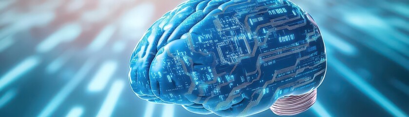 Poster - cyber future technology concept Blue Intelligent Artificial brain mother computer, illustration, circuit, binary code moving speed science fiction,blue abstract background