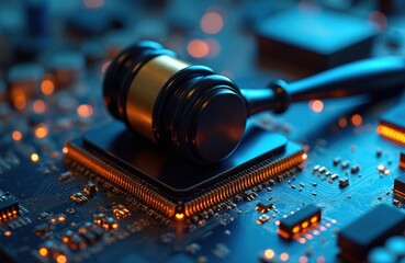 Poster - Gavel rests on computer motherboard highlighting tech law convergence. Technology meets justice. Innovation regulates digital age. Modern legal system concept integrated with AI, IT technology.