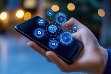Leinwandbilder - Person holding smartphone with various social media icons displayed on the screen in a modern setting